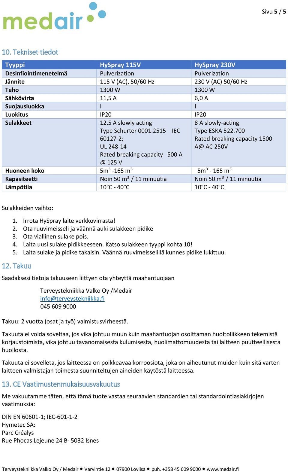 Suojausluokka I I Luokitus IP20 IP20 Sulakkeet 12,5 A slowly acting Type Schurter 0001.2515 IEC 60127-2; UL 248-14 Rated breaking capacity 500 A @ 125 V 8 A slowly-acting Type ESKA 522.