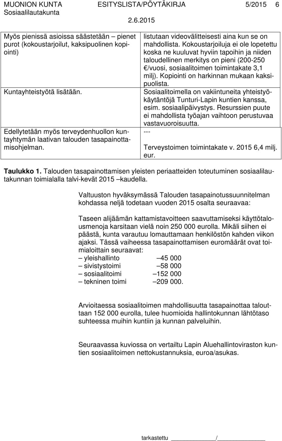 Kokoustarjoiluja ei ole lopetettu koska ne kuuluvat hyviin tapoihin ja niiden taloudellinen merkitys on pieni (200-250 /vuosi, sosiaalitoimen toimintakate 3,1 milj).