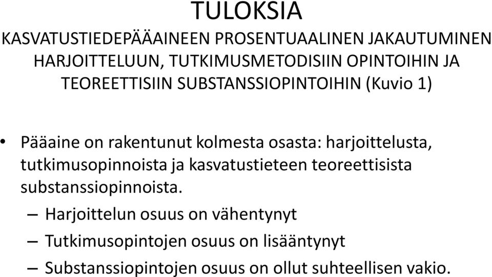 harjoittelusta, tutkimusopinnoista ja kasvatustieteen teoreettisista substanssiopinnoista.