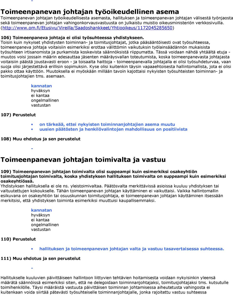 fi/etusivu/vireilla/saadoshankkeet/yhtiooikeus/1172045285650) 106) Toimeenpaneva johtaja ei olisi työsuhteessa yhdistykseen.