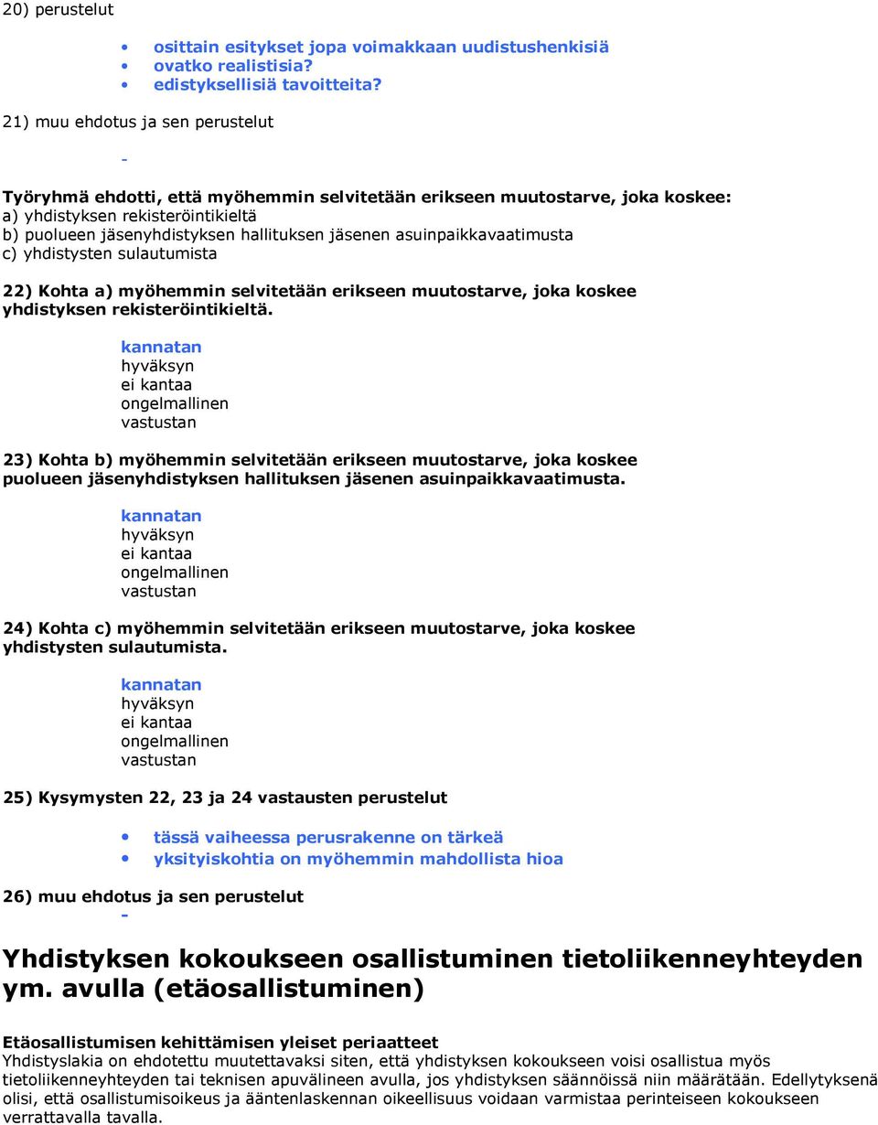 asuinpaikkavaatimusta c) yhdistysten sulautumista 22) Kohta a) myöhemmin selvitetään erikseen muutostarve, joka koskee yhdistyksen rekisteröintikieltä.