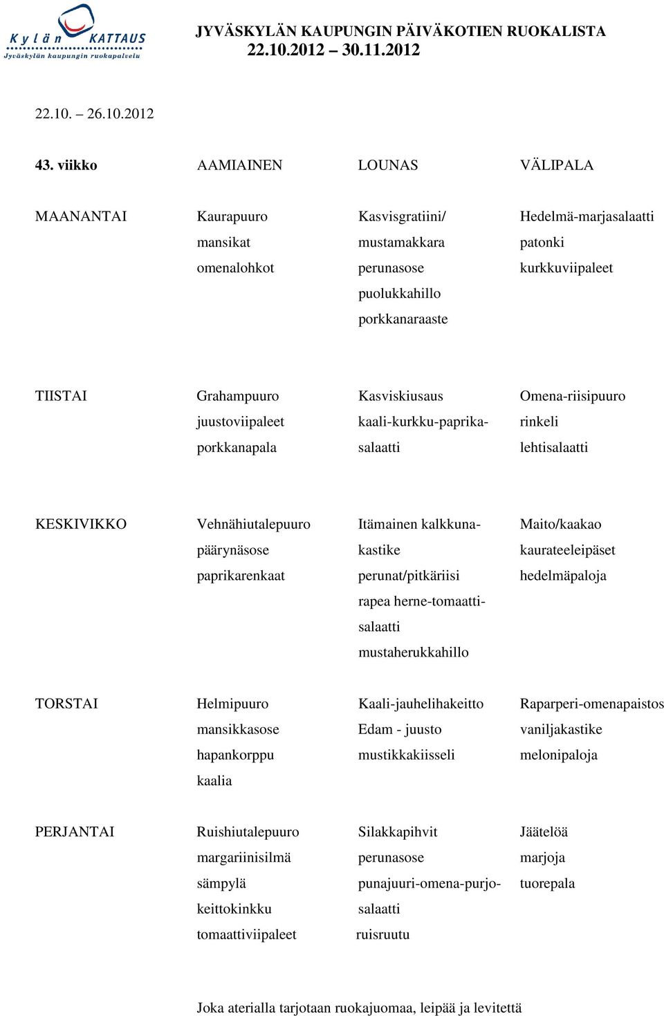 Grahampuuro Kasviskiusaus Omena-riisipuuro juustoviipaleet kaali-kurkku-paprika- rinkeli porkkanapala salaatti lehtisalaatti KESKIVIKKO Vehnähiutalepuuro Itämainen kalkkuna- Maito/kaakao päärynäsose