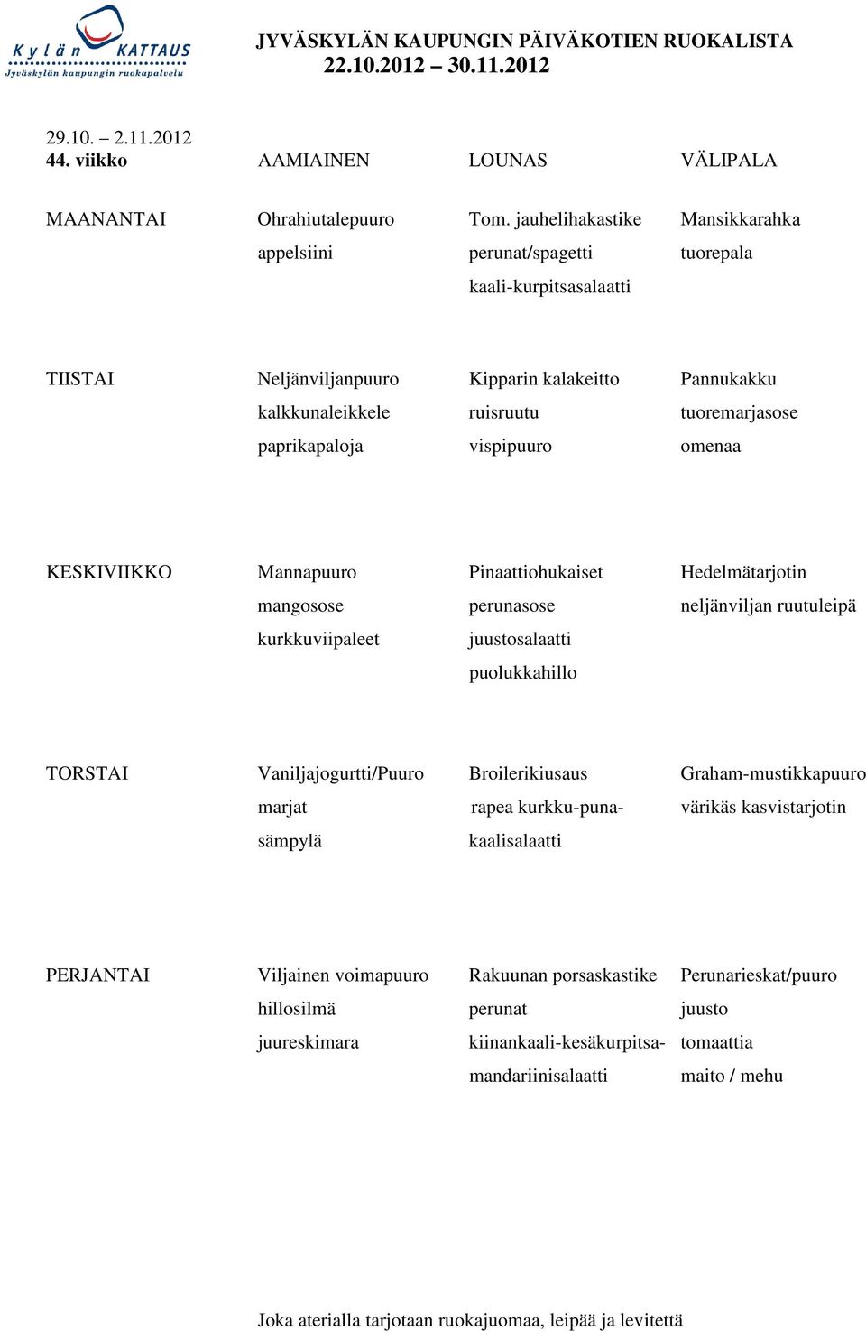 paprikapaloja vispipuuro omenaa KESKIVIIKKO Mannapuuro Pinaattiohukaiset Hedelmätarjotin mangosose perunasose neljänviljan ruutuleipä kurkkuviipaleet juustosalaatti puolukkahillo TORSTAI