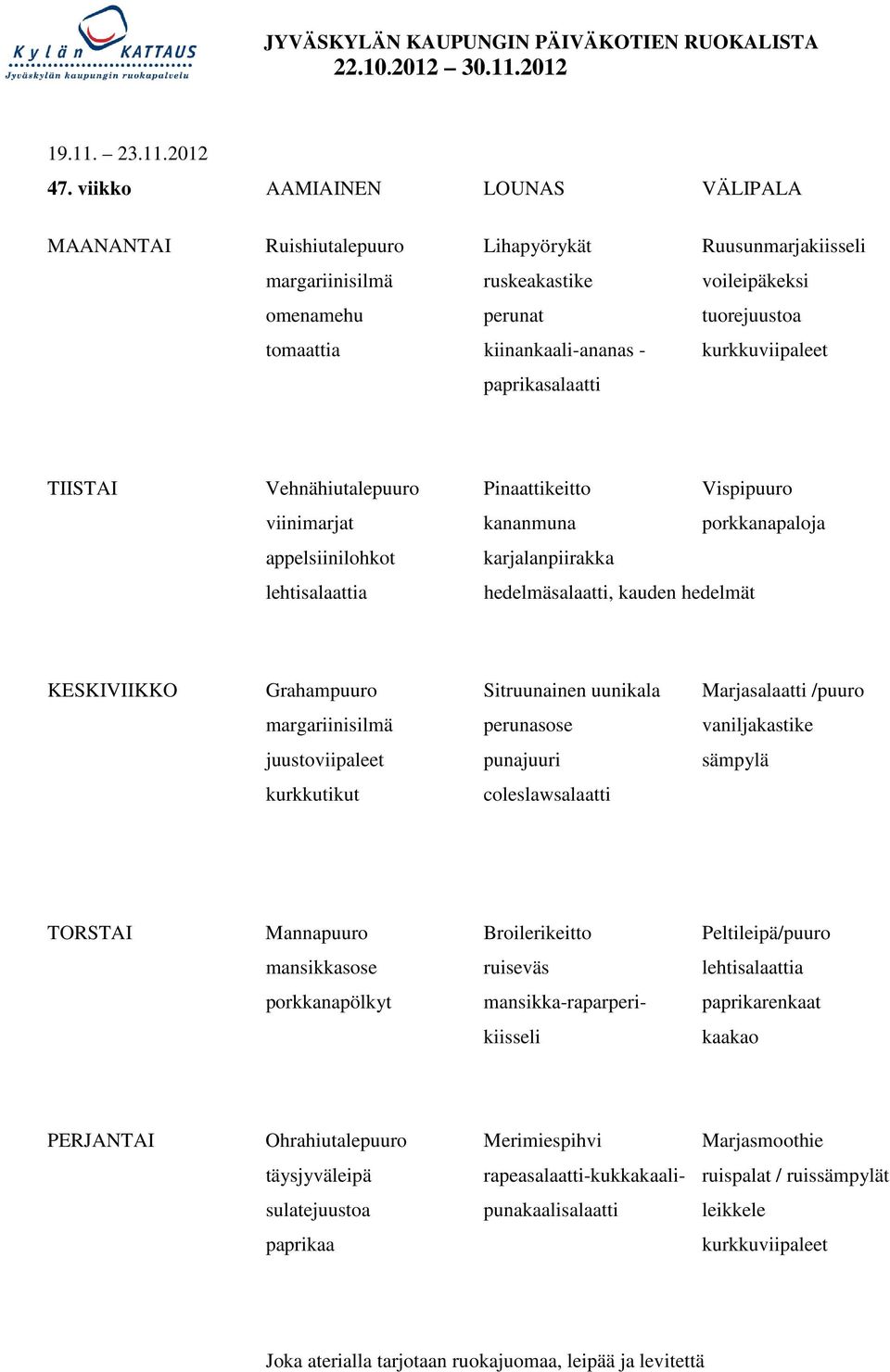 kurkkuviipaleet paprikasalaatti TIISTAI Vehnähiutalepuuro Pinaattikeitto Vispipuuro viinimarjat kananmuna porkkanapaloja appelsiinilohkot karjalanpiirakka lehtisalaattia hedelmäsalaatti, kauden