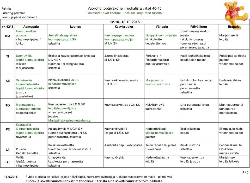 2015 vk 42/3 Aamupala Lounas Kasvisruoka Välipala Päivällinen Iltapala 4-viljan puuroa / Jauhelihalasagnettea luomupastasta L S K Kasvis-spagettivuokaa luomupastasta (soija) M L N S K Sämpylä