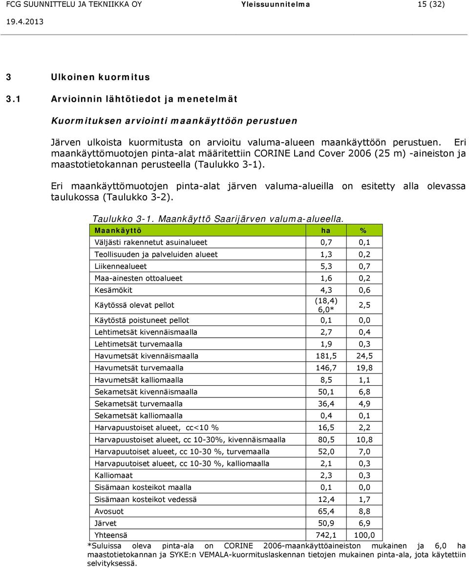 Eri maankäyttömuotojen pinta-alat määritettiin CORINE Land Cover 2006 (25 m) -aineiston ja maastotietokannan perusteella (Taulukko 3-1).