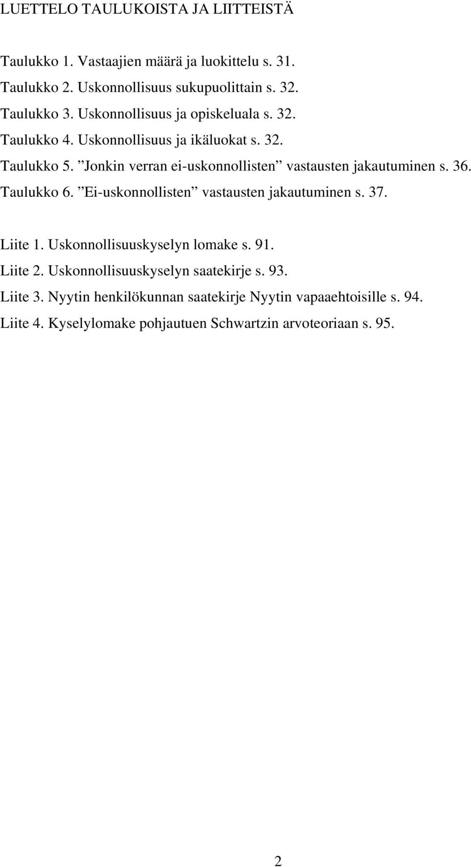 Jonkin verran ei-uskonnollisten vastausten jakautuminen s. 36. Taulukko 6. Ei-uskonnollisten vastausten jakautuminen s. 37. Liite 1.