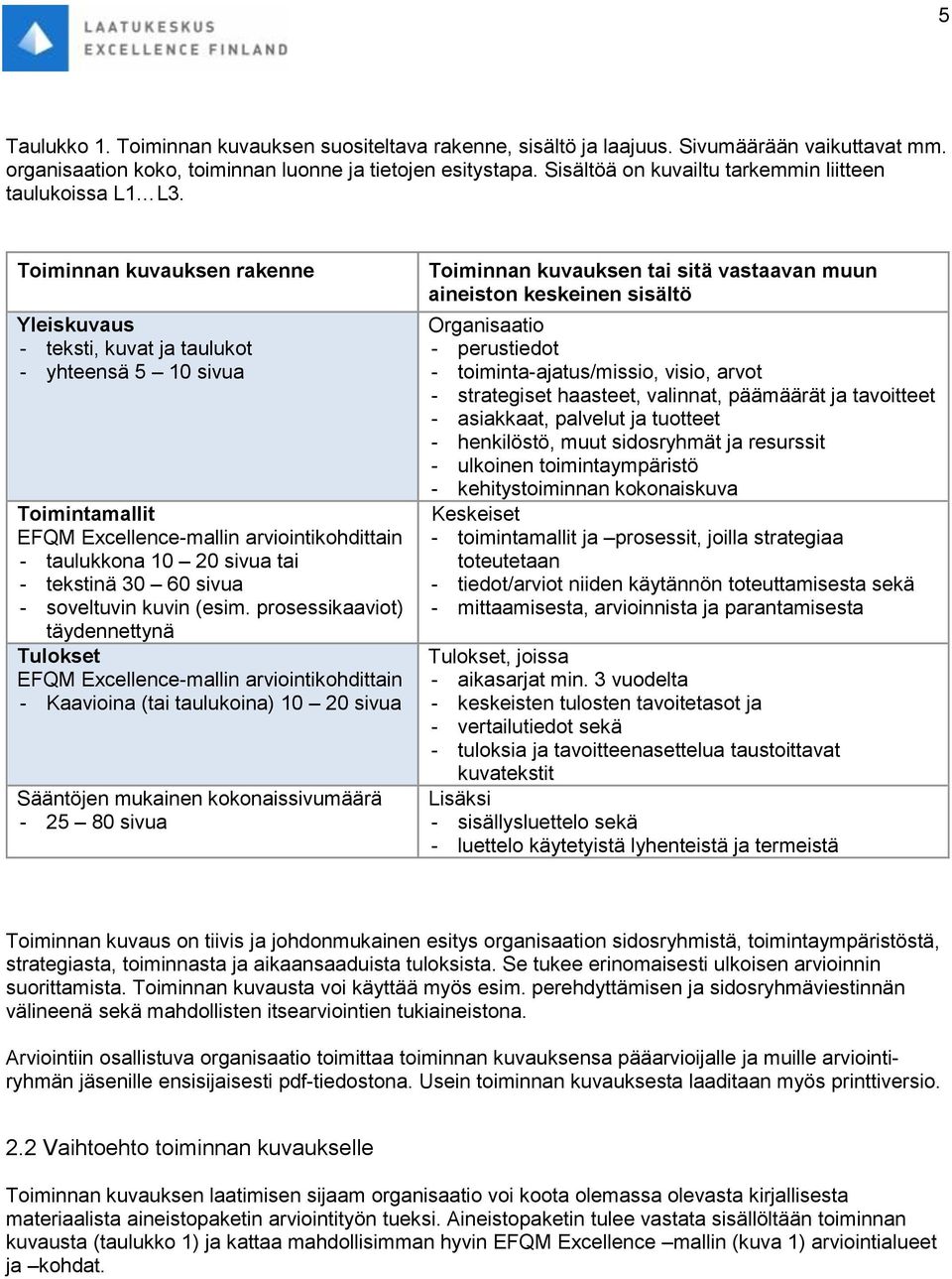 Toiminnan kuvauksen rakenne Yleiskuvaus - teksti, kuvat ja taulukot - yhteensä 5 10 sivua Toimintamallit EFQM Excellence-mallin arviointikohdittain - taulukkona 10 20 sivua tai - tekstinä 30 60 sivua