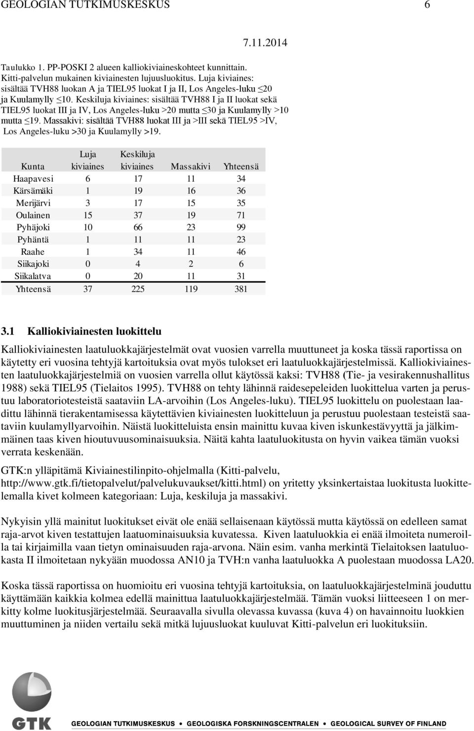 Keskiluja kiviaines: sisältää TVH88 I ja II luokat sekä TIEL95 luokat III ja IV, Los Angeles-luku >20 mutta 30 ja Kuulamylly >10 mutta 19.