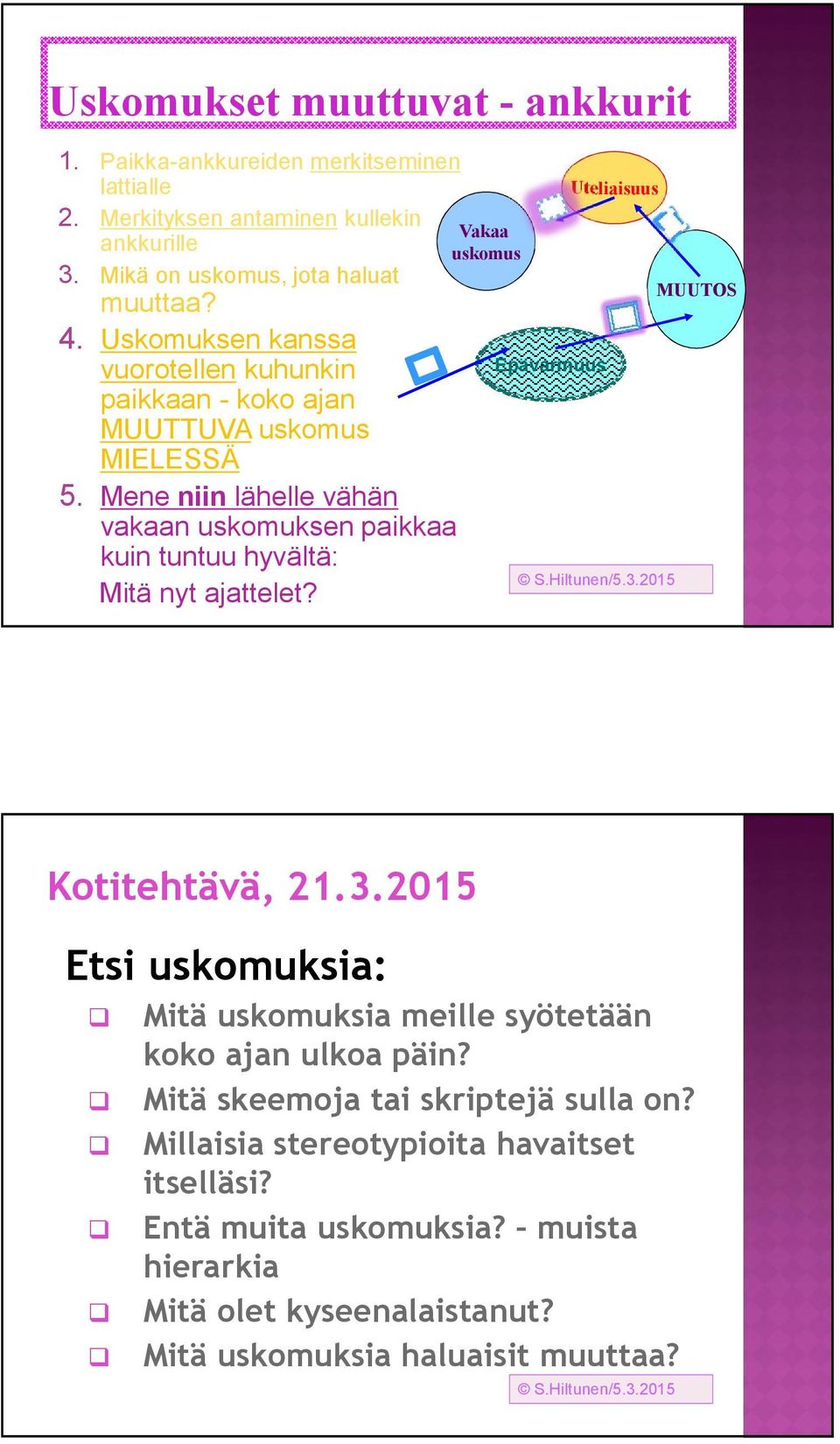 Mene niin lähelle vähän vakaan uskomuksen paikkaa kuin tuntuu hyvältä: Mitä nyt ajattelet? Vakaa uskomus Epävarmuus Uteliaisuus MUUTOS Kotitehtävä, 21.3.