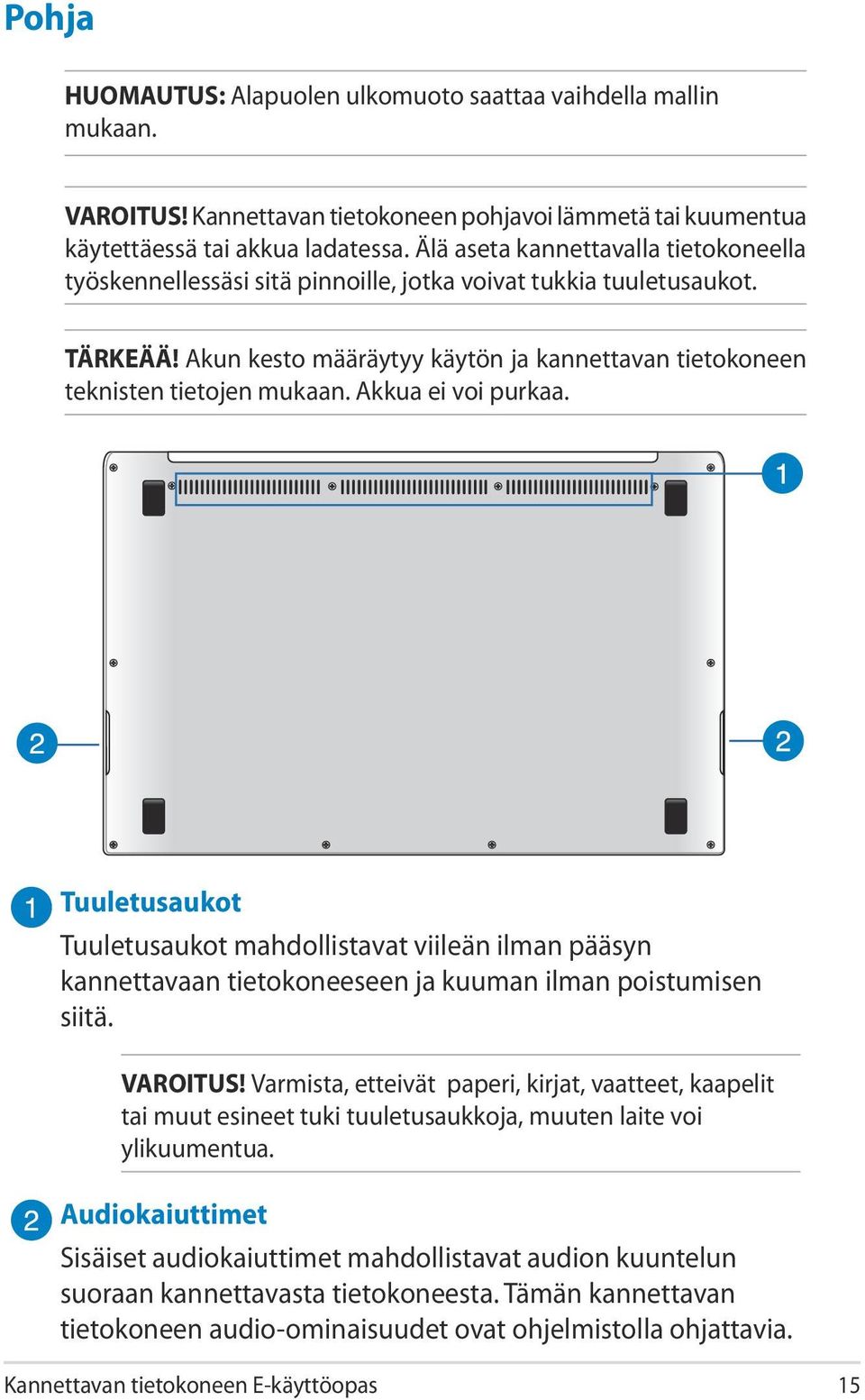 Akkua ei voi purkaa. Tuuletusaukot Tuuletusaukot mahdollistavat viileän ilman pääsyn kannettavaan tietokoneeseen ja kuuman ilman poistumisen siitä. VAROITUS!