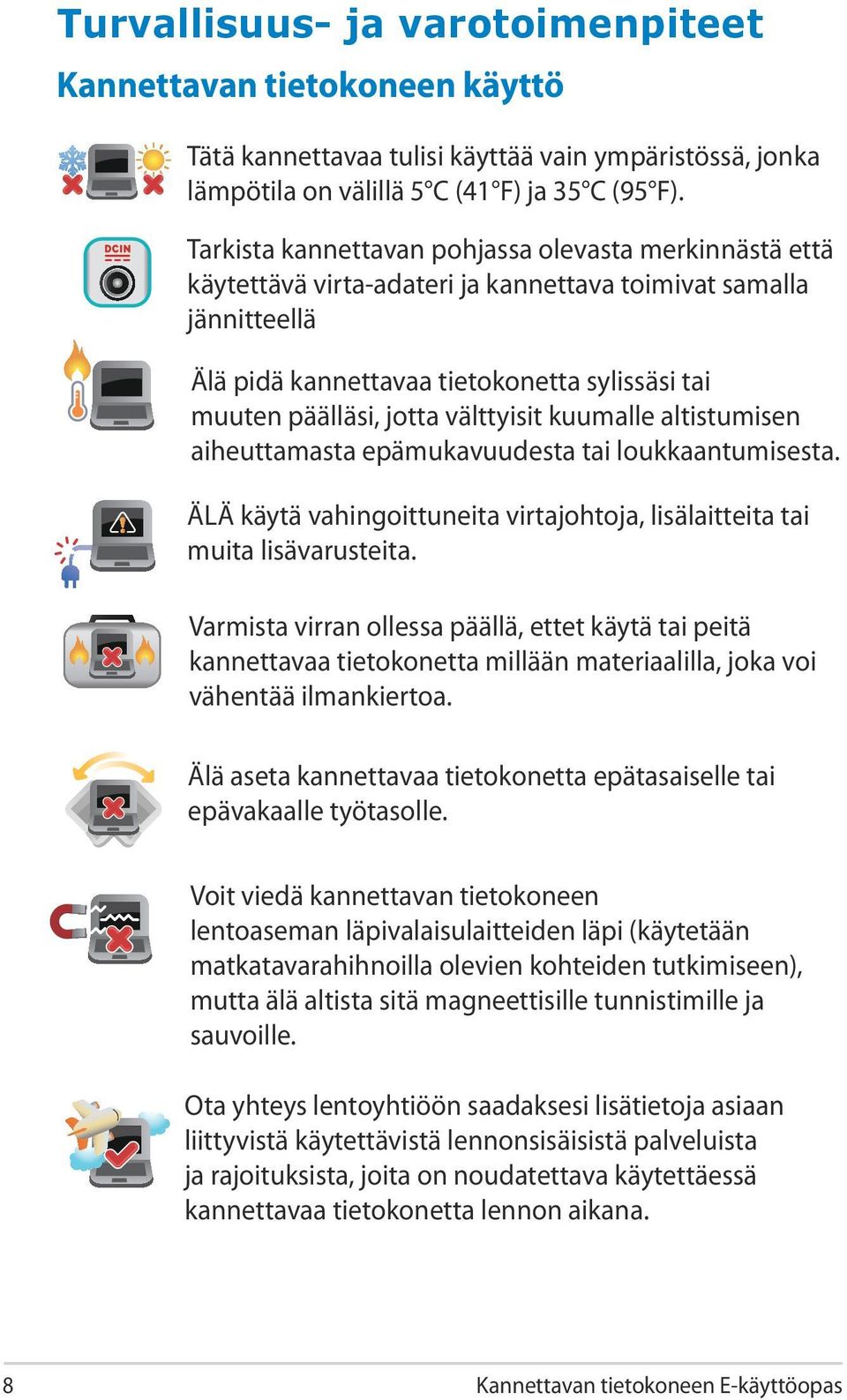 välttyisit kuumalle altistumisen aiheuttamasta epämukavuudesta tai loukkaantumisesta. ÄLÄ käytä vahingoittuneita virtajohtoja, lisälaitteita tai muita lisävarusteita.