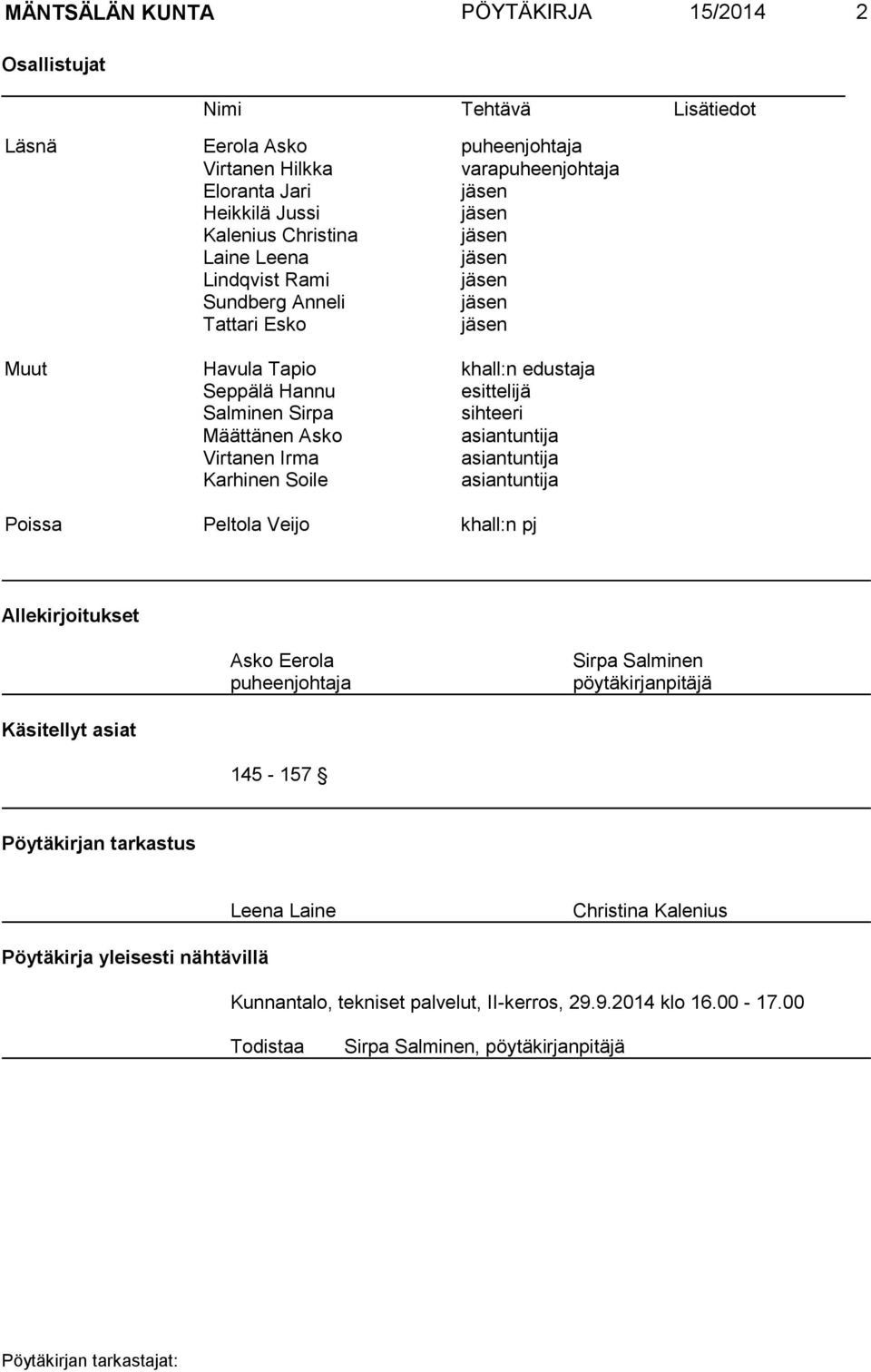 asiantuntija Virtanen Irma asiantuntija Karhinen Soile asiantuntija Poissa Peltola Veijo khall:n pj Allekirjoitukset Asko Eerola puheenjohtaja Sirpa Salminen pöytäkirjanpitäjä Käsitellyt asiat