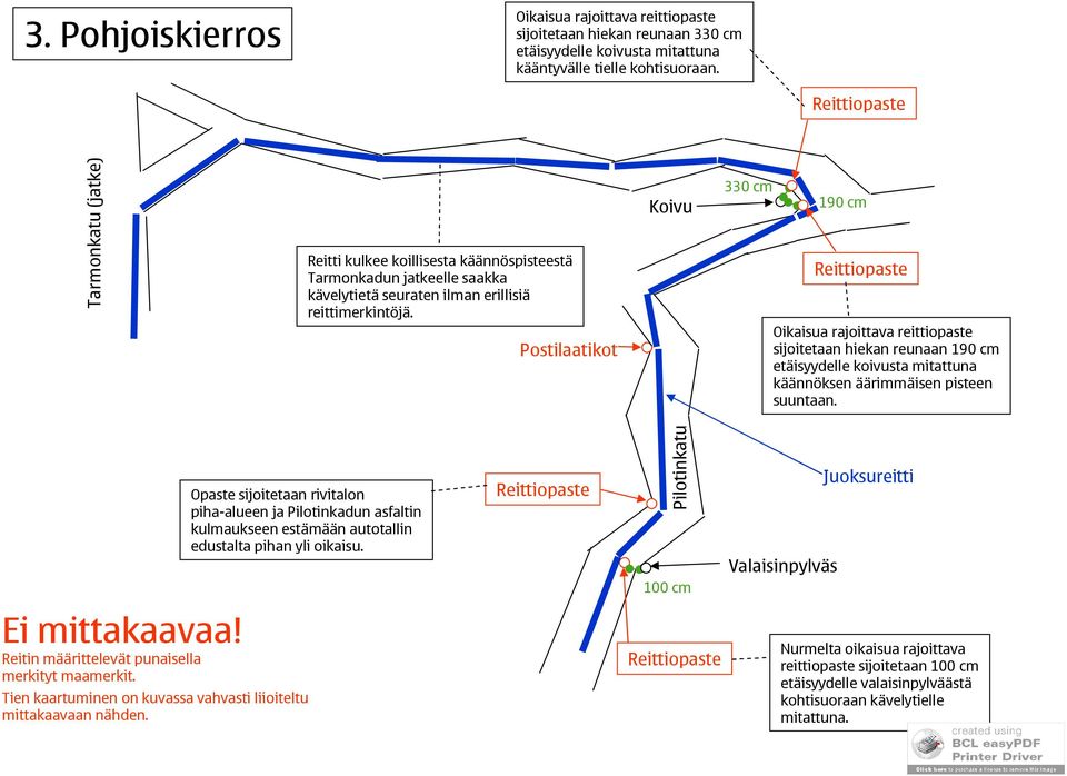 Postilaatikot Koivu 330 cm 190 cm sijoitetaan hiekan reunaan 190 cm etäisyydelle koivusta mitattuna käännöksen äärimmäisen pisteen suuntaan.