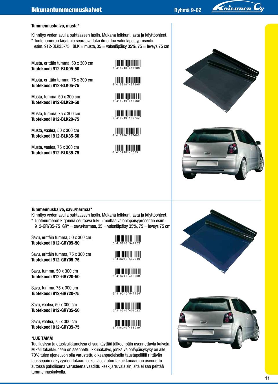 912-BLK35-75 BLK = musta, 35 = valonläpäisy 35%, 75 = leveys 75 cm Musta, erittäin tumma, 50 x 300 cm Tuotekoodi 912-BLK05-50 Musta, erittäin tumma, 75 x 300 cm Tuotekoodi 912-BLK05-75 Musta, tumma,