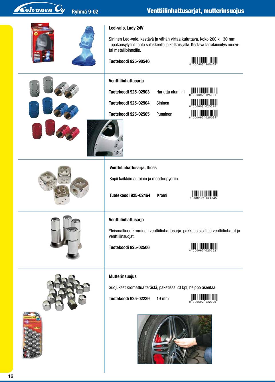 Tuotekoodi 925-98546 Venttiilinhattusarja Tuotekoodi 925-02503 Tuotekoodi 925-02504 Tuotekoodi 925-02505 Harjattu alumiini Sininen Punainen Venttiilinhattusarja, Dices Sopii kaikkiin