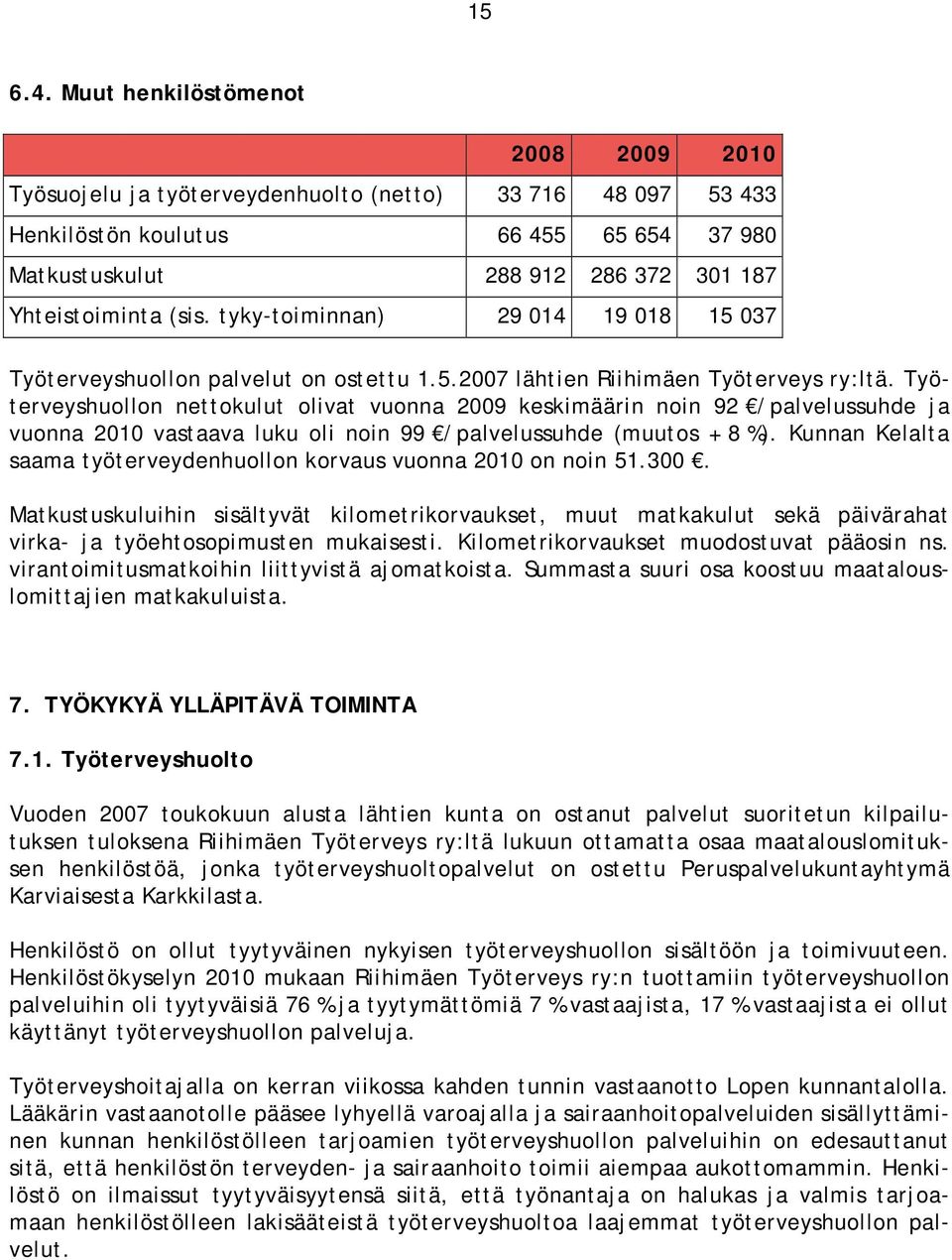tyky-toiminnan) 29 014 19 018 15 037 Työterveyshuollon palvelut on ostettu 1.5.2007 lähtien Riihimäen Työterveys ry:ltä.