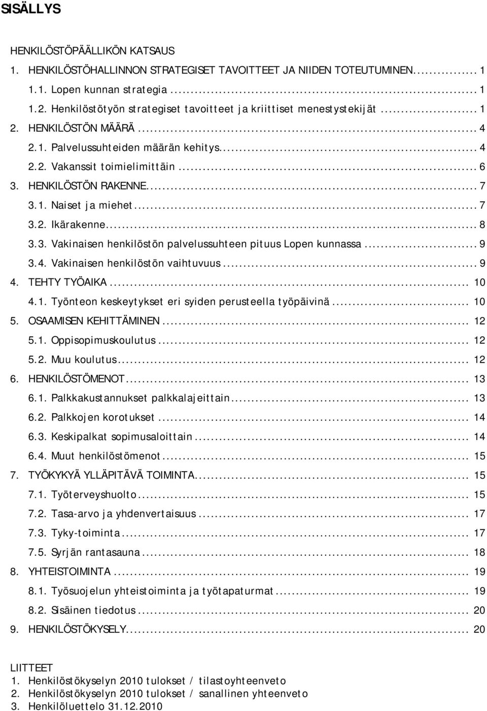 HENKILÖSTÖN RAKENNE... 7 3.1. Naiset ja miehet... 7 3.2. Ikärakenne... 8 3.3. Vakinaisen henkilöstön palvelussuhteen pituus Lopen kunnassa... 9 3.4. Vakinaisen henkilöstön vaihtuvuus... 9 4.