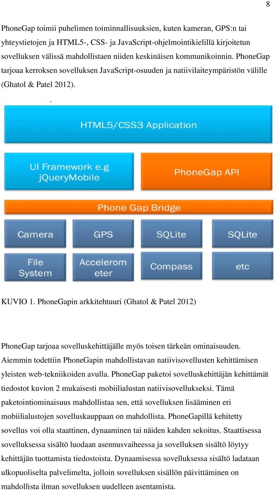 PhoneGapin arkkitehtuuri (Ghatol & Patel 2012) PhoneGap tarjoaa sovelluskehittäjälle myös toisen tärkeän ominaisuuden.