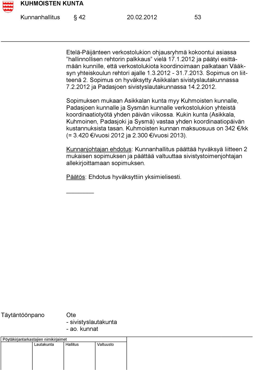 Kukin kunta (Asikkala, Kuhmoinen, Padasjoki ja Sysmä) vastaa yhden koordinaatiopäivän kustannuksista tasan. Kuhmoisten kunnan maksuosuus on 342 /kk (= 3.420 /vuosi 2012 ja 2.300 /vuosi 2013).