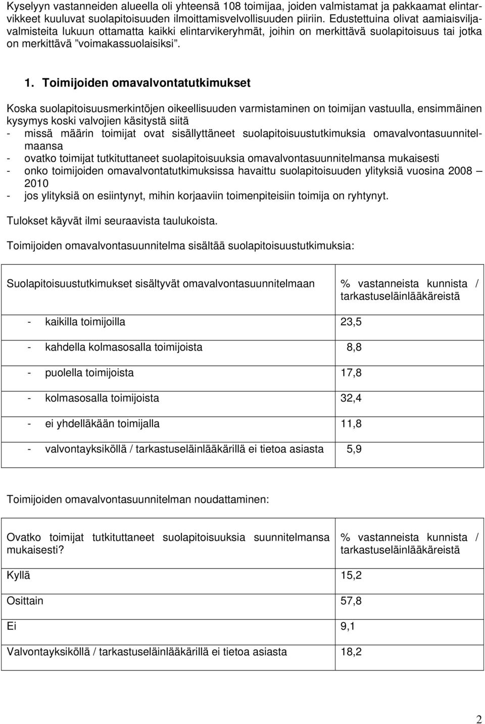 Toimijoiden omavalvontatutkimukset Koska suolapitoisuusmerkintöjen oikeellisuuden varmistaminen on toimijan vastuulla, ensimmäinen kysymys koski valvojien käsitystä siitä - missä määrin toimijat ovat