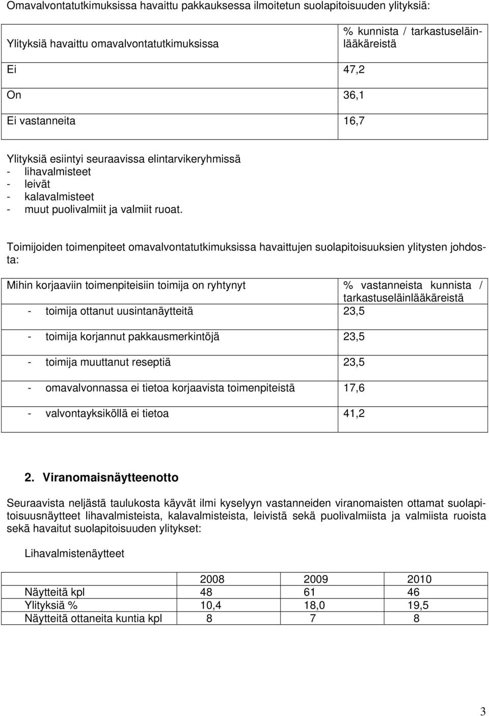 Toimijoiden toimenpiteet omavalvontatutkimuksissa havaittujen suolapitoisuuksien ylitysten johdosta: Mihin korjaaviin toimenpiteisiin toimija on ryhtynyt % vastanneista kunnista / - toimija ottanut