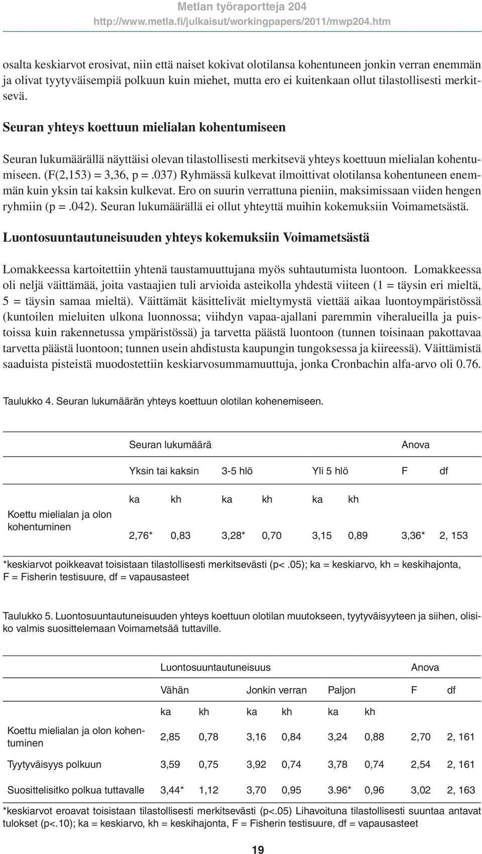 037) Ryhmässä kulkevat ilmoittivat olotilansa kohentuneen enemmän kuin yksin tai kaksin kulkevat. Ero on suurin verrattuna pieniin, maksimissaan viiden hengen ryhmiin (p =.042).