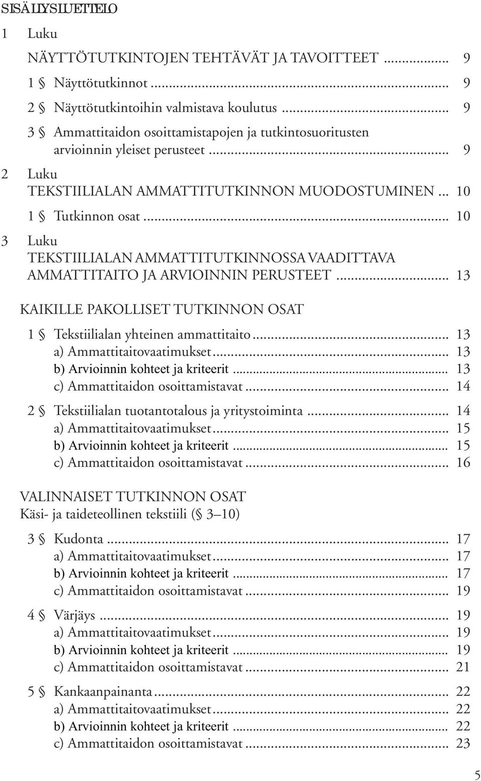 .. 10 3 Luku TEKSTIILIALAN AMMATTITUTKINNOSSA VAADITTAVA AMMATTITAITO JA ARVIOINNIN PERUSTEET... 13 KAIKILLE PAKOLLISET TUTKINNON OSAT 1 Tekstiilialan yhteinen ammattitaito.