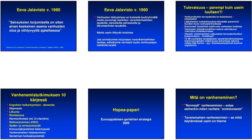 Nämä usein liittyvät toisiinsa Jos onnistumme torjumaan verenkiertoelinten tauteja, edistämme varmasti myös vanhuusajan mielenterveyttä Tulevaisuus parempi kuin usein luullaan?