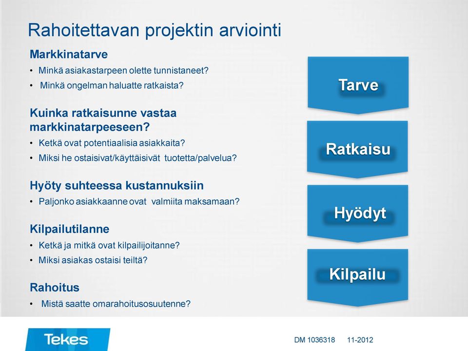 Miksi he ostaisivat/käyttäisivät tuotetta/palvelua? Hyöty suhteessa kustannuksiin Paljonko asiakkaanne ovat valmiita maksamaan?