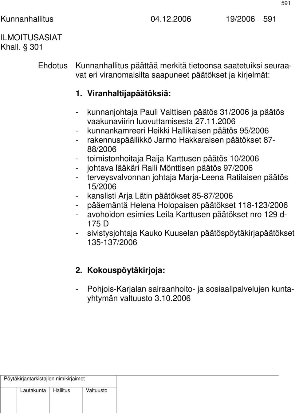 2006 - kunnankamreeri Heikki Hallikaisen päätös 95/2006 - rakennuspäällikkö Jarmo Hakkaraisen päätökset 87-88/2006 - toimistonhoitaja Raija Karttusen päätös 10/2006 - johtava lääkäri Raili Mönttisen