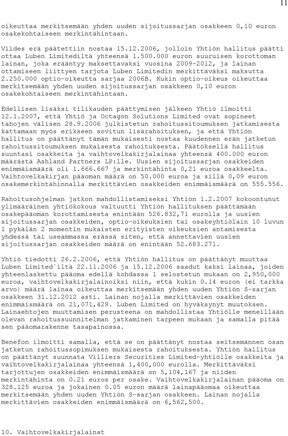 000 euron suuruisen korottoman lainan, joka erääntyy maksettavaksi vuosina 2009 2012, ja lainan ottamiseen liittyen tarjota Luben Limitedin merkittäväksi maksutta 2.250.