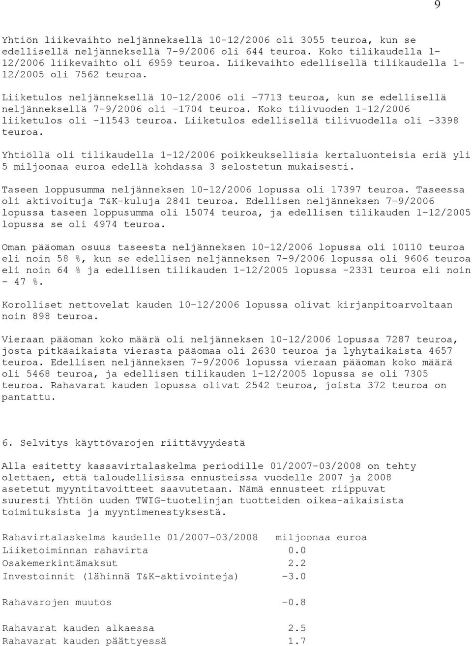 Koko tilivuoden 1-12/2006 liiketulos oli 11543 teuroa. Liiketulos edellisellä tilivuodella oli -3398 teuroa.