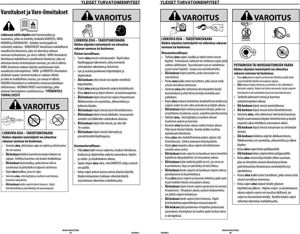 VAROITUKSET ilmoittavat mahdollisesti vaarallisesta tilanteesta, joka voi aiheuttaa vakavan vamman tai kuoleman, jos sitä ei vältetä.