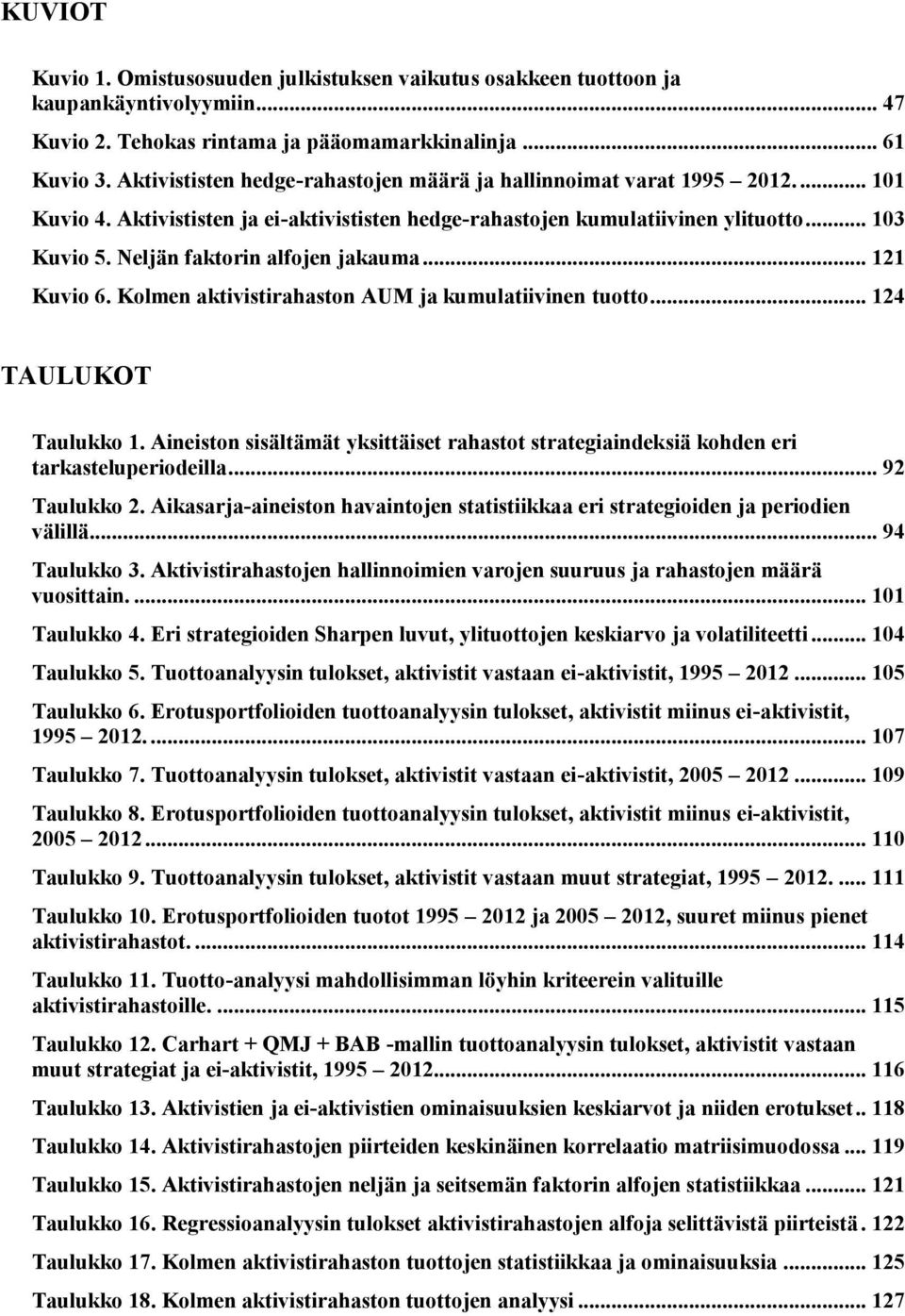 Neljän faktorin alfojen jakauma... 121 Kuvio 6. Kolmen aktivistirahaston AUM ja kumulatiivinen tuotto... 124 TAULUKOT Taulukko 1.