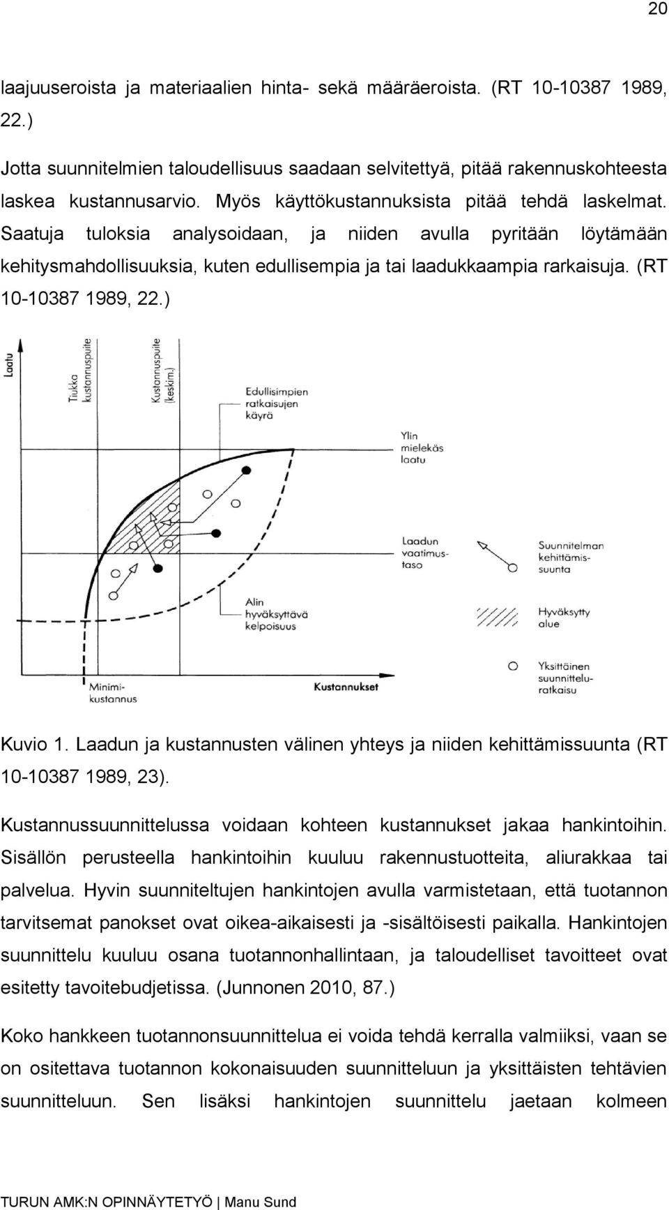 (RT 10-10387 1989, 22.) Kuvio 1. Laadun ja kustannusten välinen yhteys ja niiden kehittämissuunta (RT 10-10387 1989, 23). Kustannussuunnittelussa voidaan kohteen kustannukset jakaa hankintoihin.