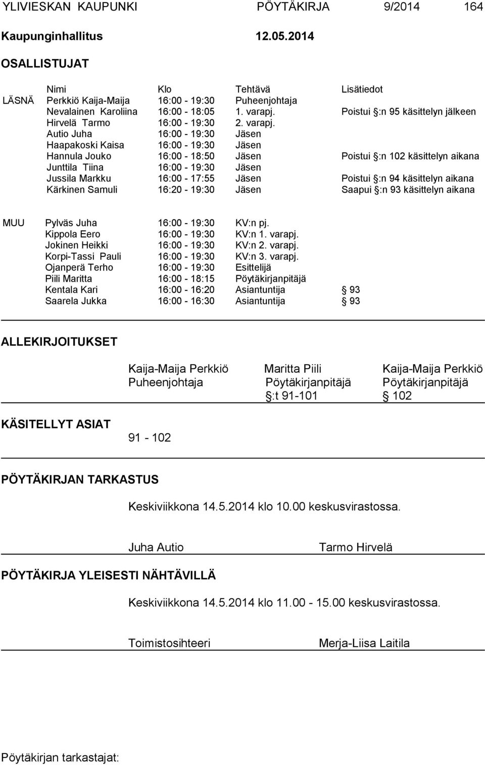 Autio Juha 16:00-19:30 Jäsen Haapakoski Kaisa 16:00-19:30 Jäsen Hannula Jouko 16:00-18:50 Jäsen Poistui :n 102 käsittelyn aikana Junttila Tiina 16:00-19:30 Jäsen Jussila Markku 16:00-17:55 Jäsen