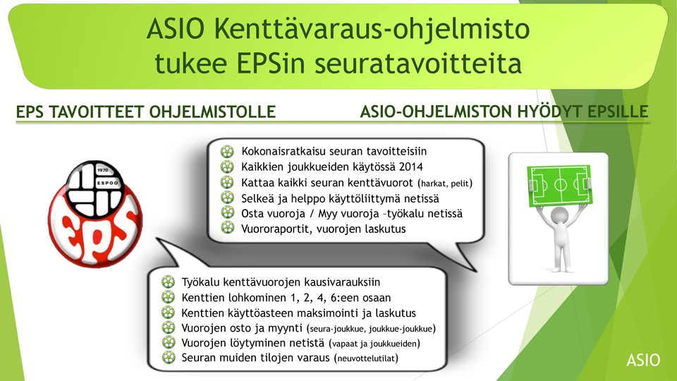 netissä Vuororaportit, vuorojen laskutus Työkalu kenttävuorojen kausivarauksiin Kenttien lohkominen 1, 2, 4, 6:een osaan Kenttien käyttöasteen maksimointi ja