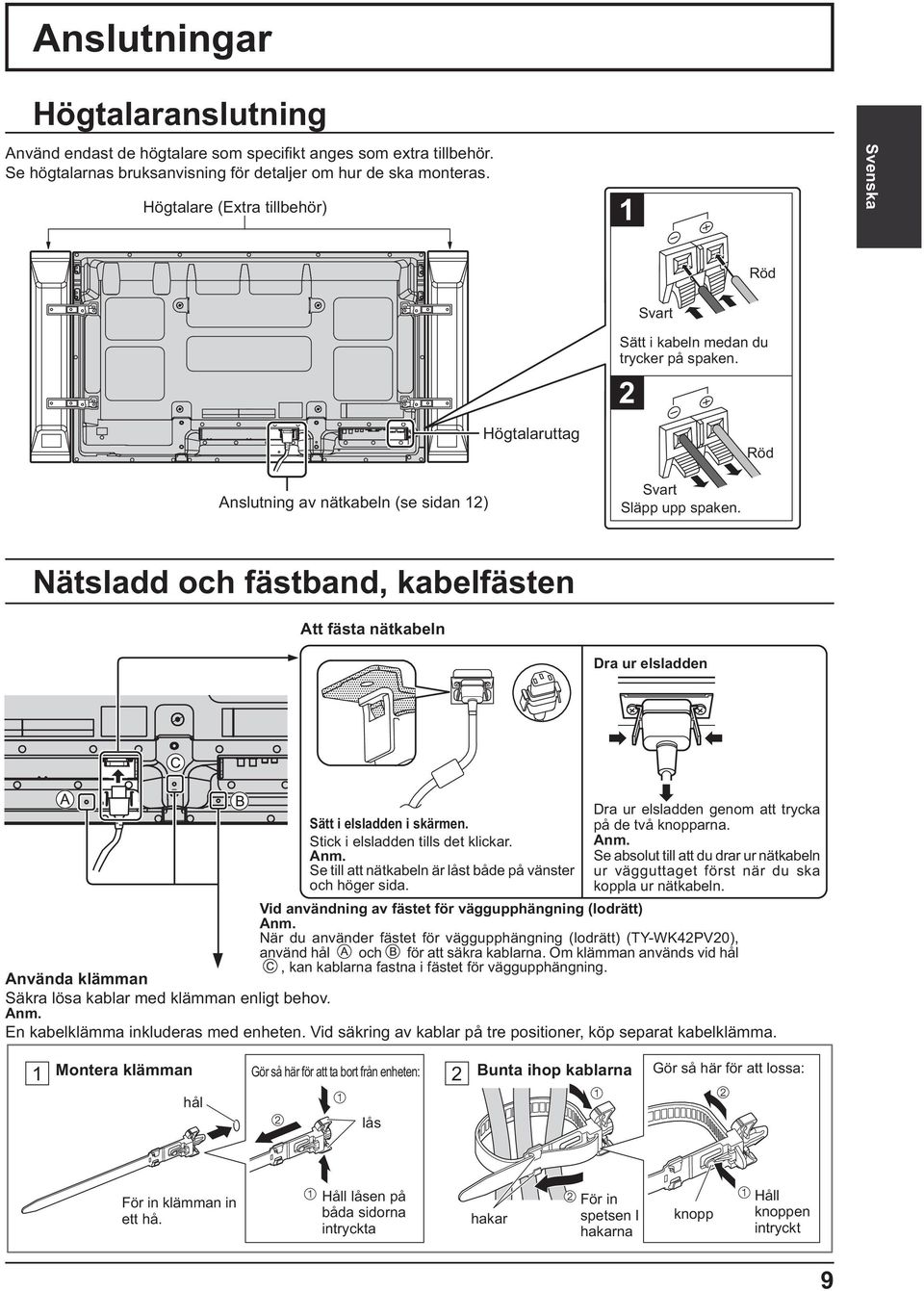 Röd Nätsladd och fästband, kabelfästen Att fästa nätkabeln Dra ur elsladden Sätt i elsladden i skärmen. Stick i elsladden tills det klickar. Anm.