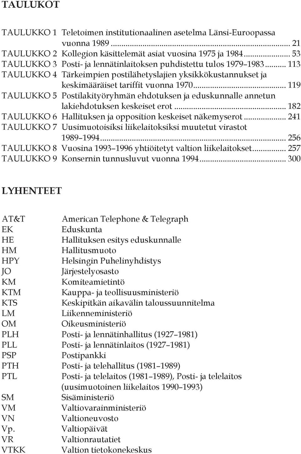 .. 119 TAULUKKO 5 Postilakityöryhmän ehdotuksen ja eduskunnalle annetun lakiehdotuksen keskeiset erot... 182 TAULUKKO 6 Hallituksen ja opposition keskeiset näkemyserot.