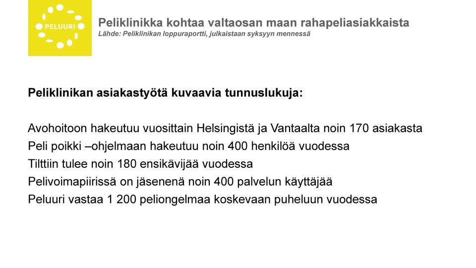 noin 170 asiakasta Peli poikki ohjelmaan hakeutuu noin 400 henkilöä vuodessa Tilttiin tulee noin 180 ensikävijää