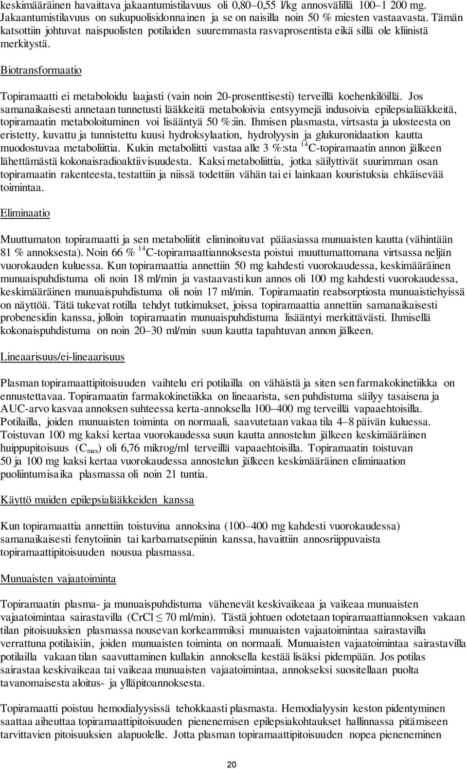 Biotransformaatio Topiramaatti ei metaboloidu laajasti (vain noin 20-prosenttisesti) terveillä koehenkilöillä.