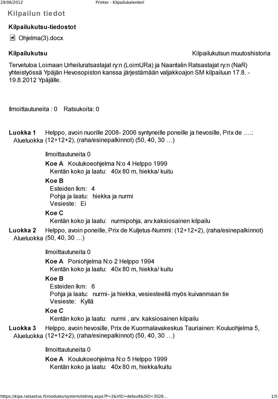 valjakkoajon SM kilpailuun 17.8. 19.8.2012 Ypäjälle. Ilmoittautuneita : 0 Ratsukoita: 0 Luokka 1 Helppo, avoin nuorille 2008 2006 syntyneille poneille ja hevosille, Prix de.