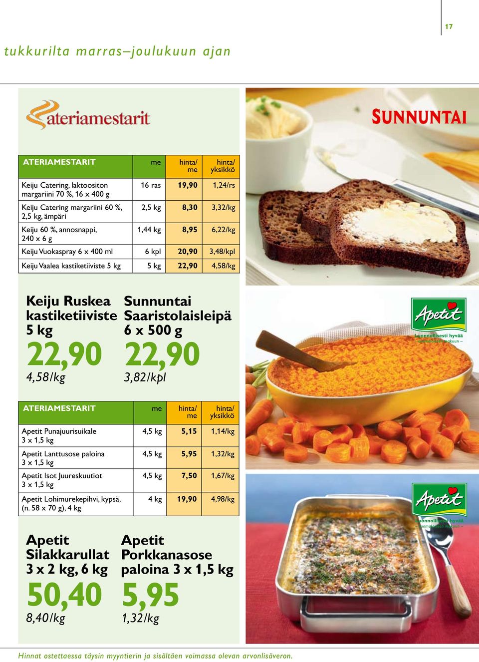 4,58/kg Sunnuntai Saaristolaisleipä 6 x 500 g 22,90 3,82/kpl ATERIAMESTARIT Apetit Punajuurisuikale 3 x 1,5 kg Apetit Lanttusose paloina 3 x 1,5 kg Apetit Isot Juureskuutiot 3 x 1,5 kg Apetit