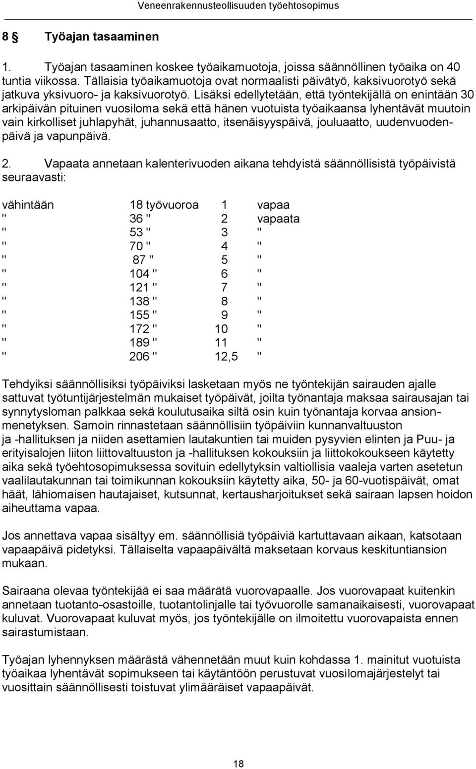 Lisäksi edellytetään, että työntekijällä on enintään 30 arkipäivän pituinen vuosiloma sekä että hänen vuotuista työaikaansa lyhentävät muutoin vain kirkolliset juhlapyhät, juhannusaatto,