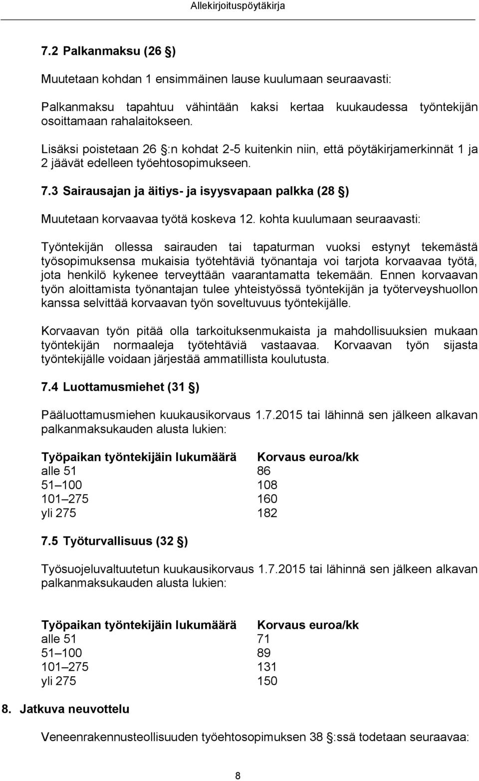 Lisäksi poistetaan 26 :n kohdat 2-5 kuitenkin niin, että pöytäkirjamerkinnät 1 ja 2 jäävät edelleen työehtosopimukseen. 7.