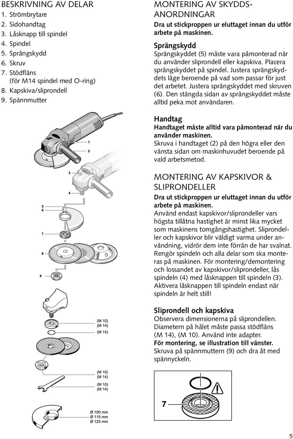 Sprängskydd Sprängskyddet (5) måste vara påmonterad när du använder sliprondell eller kapskiva. Placera sprängskyddet på spindel.