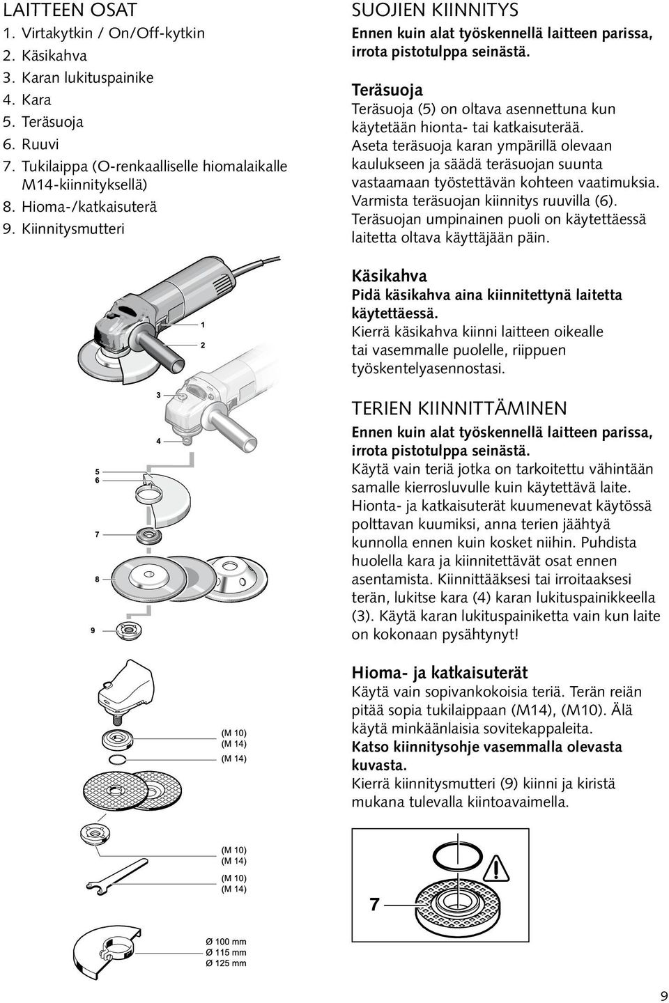 Teräsuoja Teräsuoja (5) on oltava asennettuna kun käytetään hionta- tai katkaisuterää.