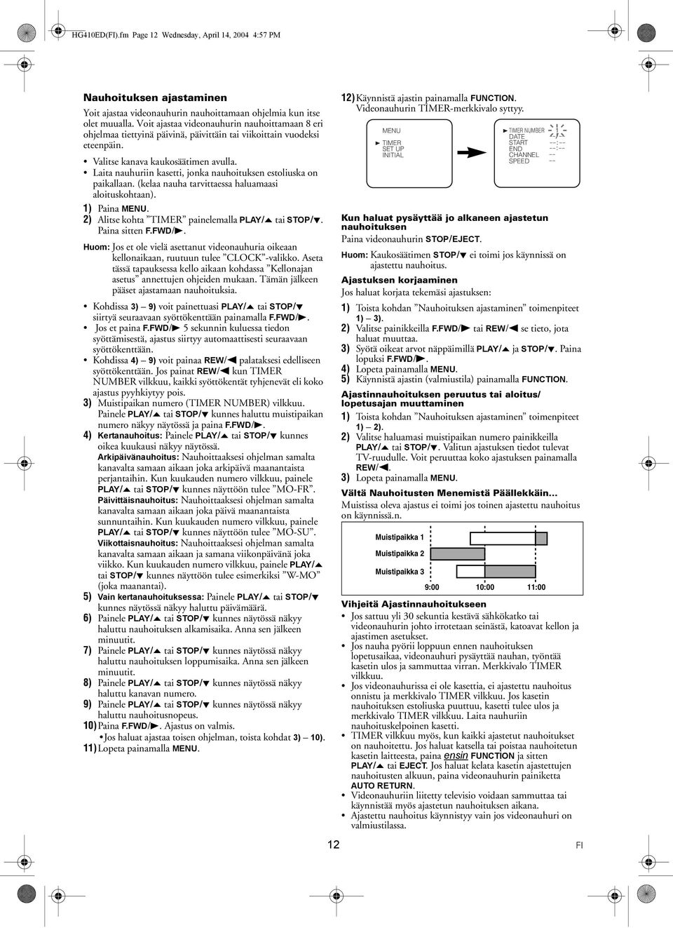 (kelaa nauha tarvittaessa haluamaasi aloituskohtaan). 1) Paina. 2) Alitse kohta TIME painelemalla PAY/o tai STOP/. Paina sitten F.FWD/B.