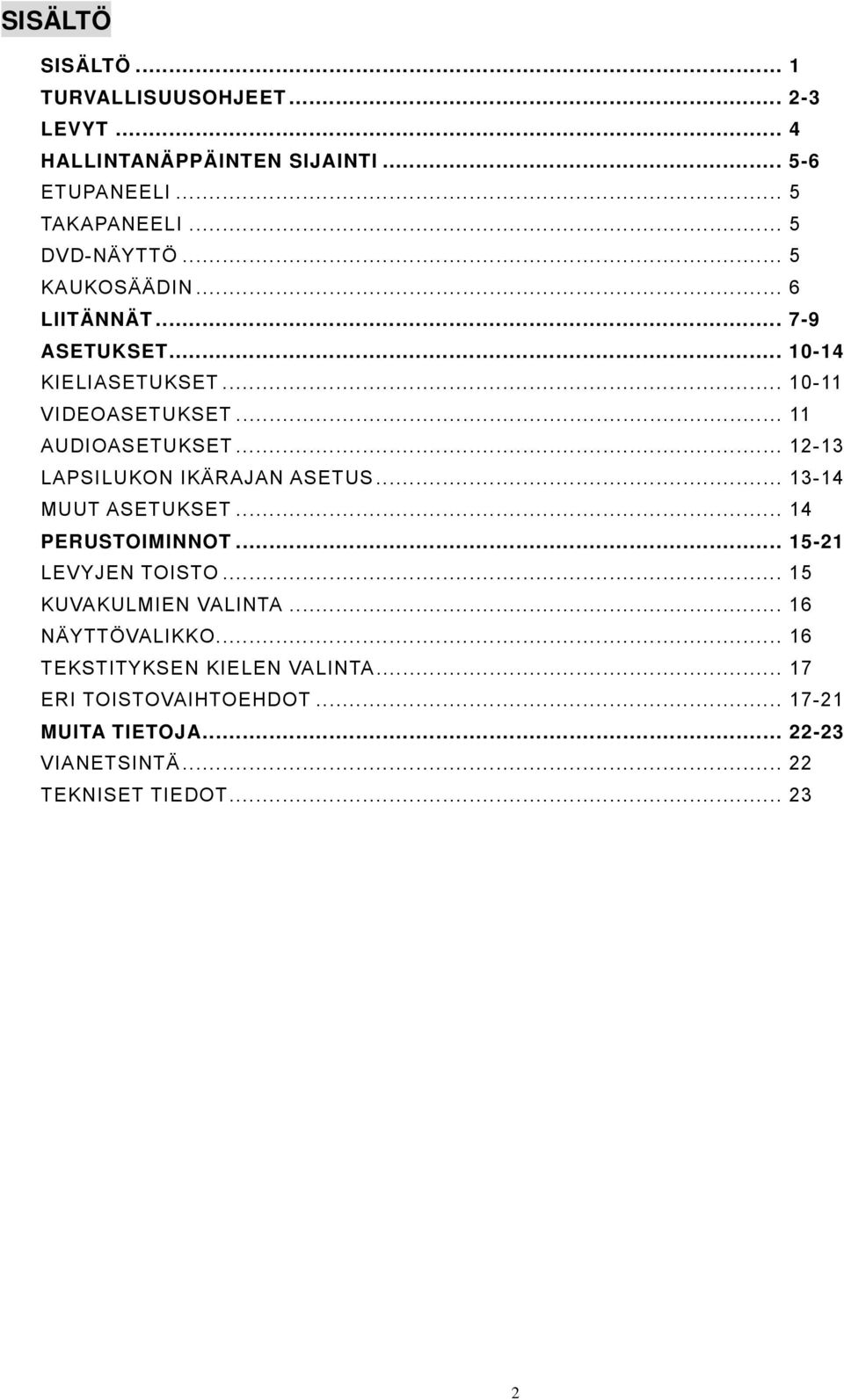 .. 12-13 LAPSILUKON IKÄRAJAN ASETUS... 13-14 MUUT ASETUKSET... 14 PERUSTOIMINNOT... 15-21 LEVYJEN TOISTO... 15 KUVAKULMIEN VALINTA.